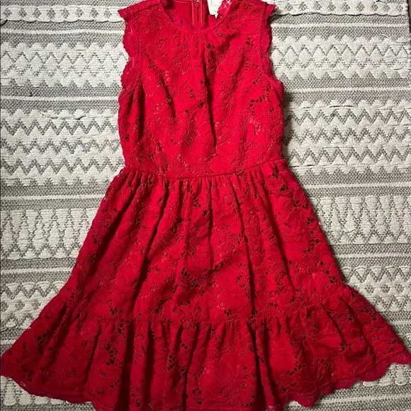 knee length dresses for ladies Sheer Scalloped-Lace Long-Sleeve Mini Dress in Rose Red - XXS main image 0